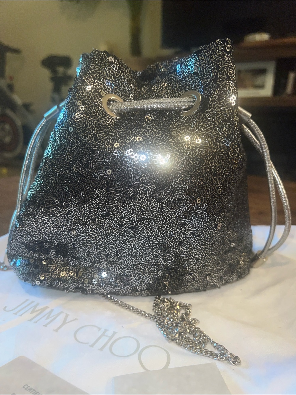 Jimmy Choo Silver/Graphite Sequin Drawstring Mini Bucket Bag - Picture 9 of 13